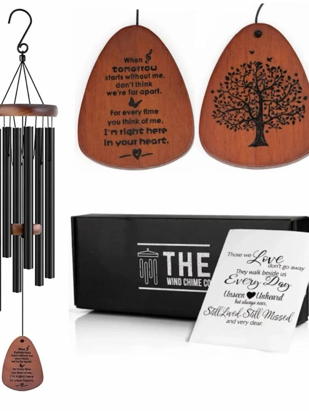 Memorial Wind Chime with Brown Wood Accent and Black Tubes – Sentimental Tribute